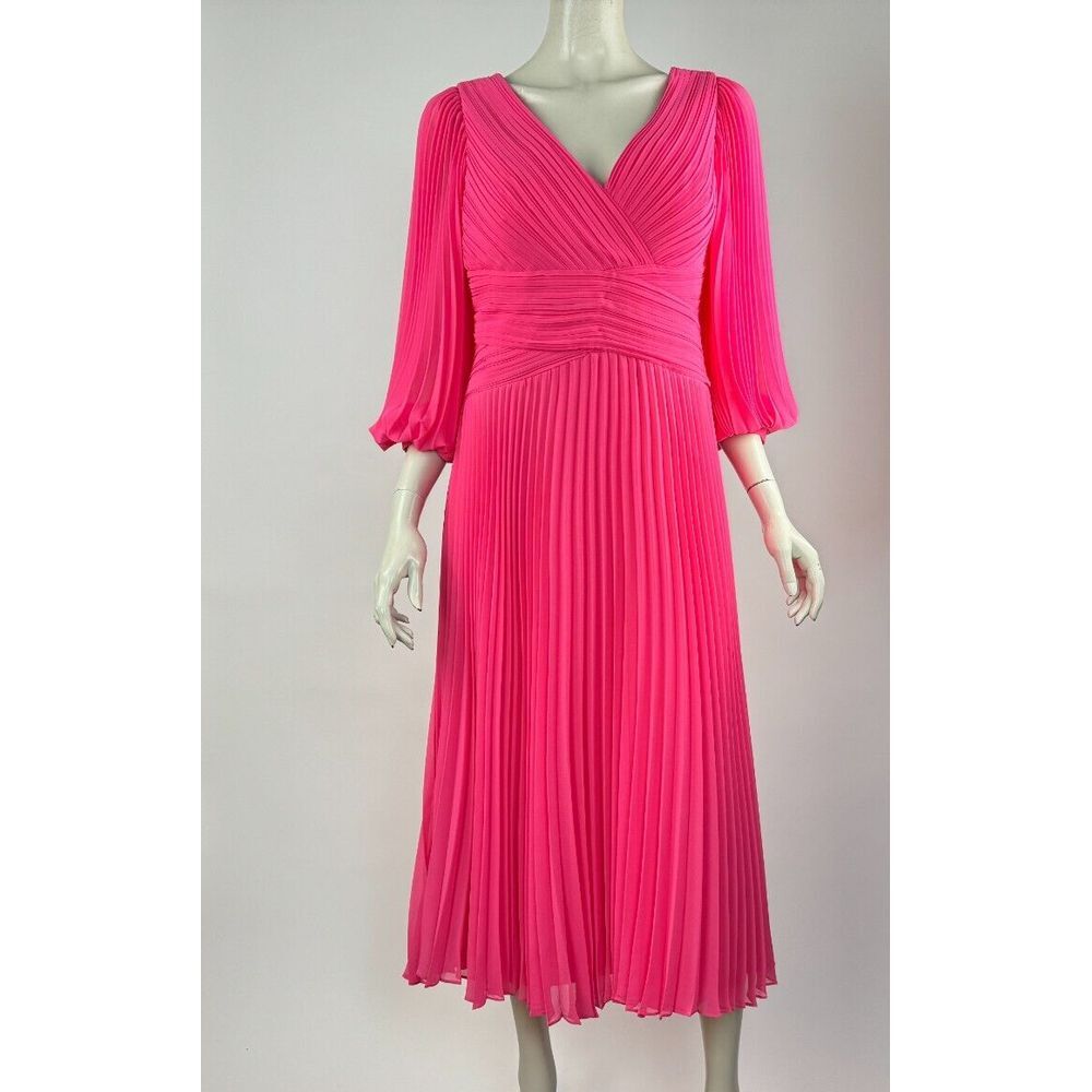 Teri Jon Chiffon V Neck Pleated Dress Women 16 $580 Lined 3/4 Sleeve Zip Closure